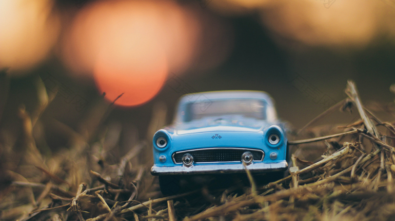 棕色草地上的蓝色玩具车