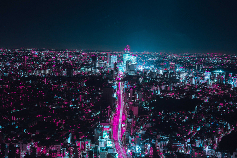 城市街道建筑物灯光霓虹灯发光粉红色蓝色流出蒸汽波网络朋克阿基拉城市景观城市东京城市景观壁纸夜晚