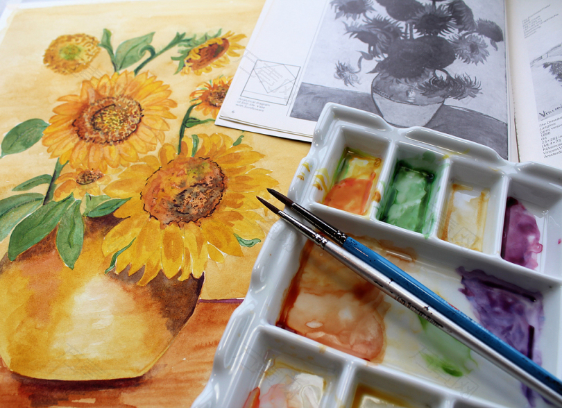 水彩颜料油漆刷调色板花卉油画向日葵梵高画笔水彩漆纹理颜色设计图