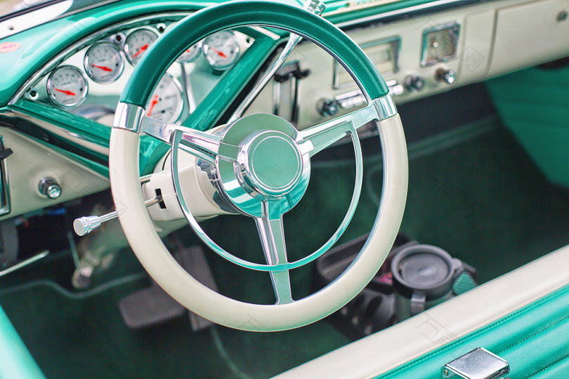老爷车绿松石室内方向盘仪表盘20世纪50年代老汽车自动复古经典