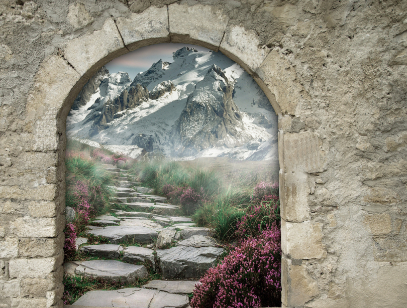 幻想门拱门户网站魔术艺术体系结构古风石头墙石弓在山上的小径车站到山