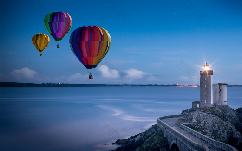 气球热空气气球骑灯塔天空发光海大气黄昏光海岸