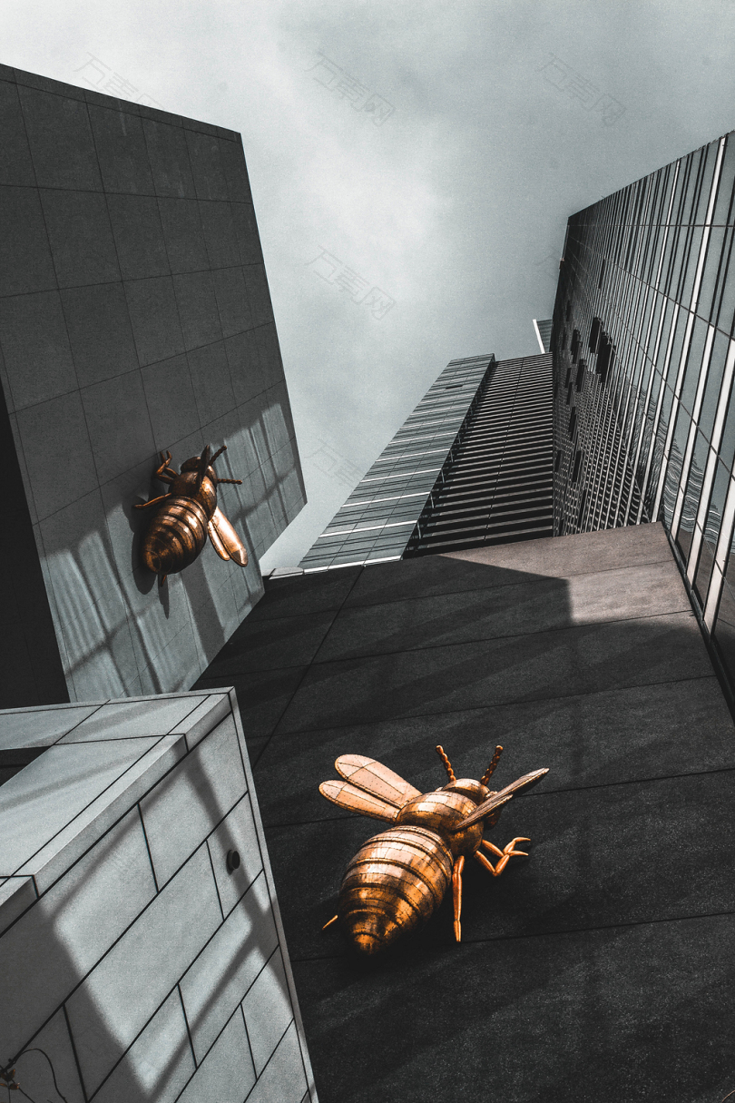 黄色蜜蜂在建筑3D壁纸上的应用