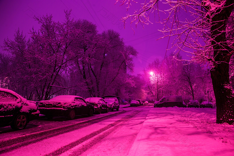 雪街冬季莫斯科树木夜户外弗罗斯特冷西伯利亚透明早上雾清晨
