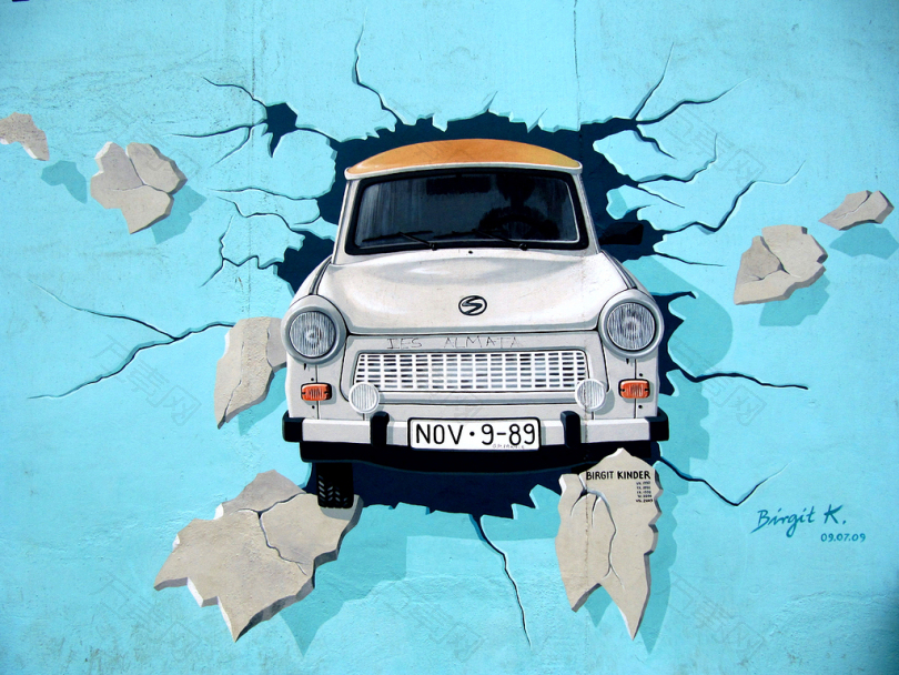 涂鸦柏林墙墙trabi汽车突破自由车辆卫星柏林东侧廊艺术