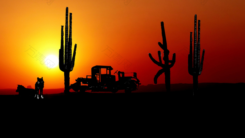 日落颜色仙人掌仙人掌狼那辆旧车沙漠景观亚利桑那