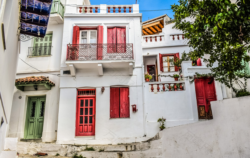 希腊skopelos乔拉村街胡同房子结构传统的岛斯波拉提地中海