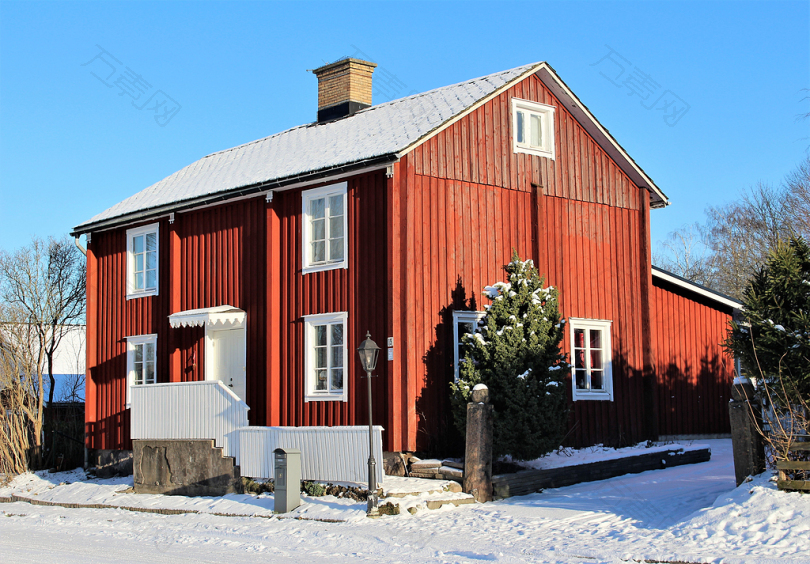 房子体系结构木材户外冬天山寨雪弗罗斯特冰雪景观市容瑞典的冬天