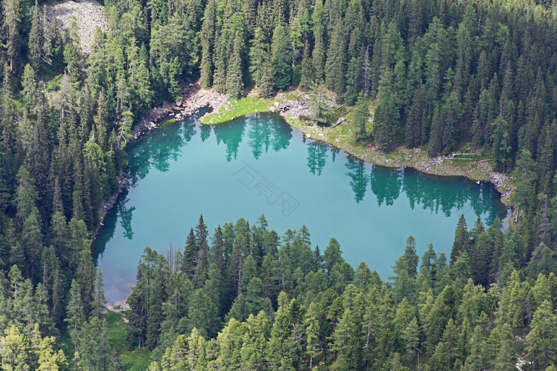 白天用绿叶树木包围水体的航空摄影