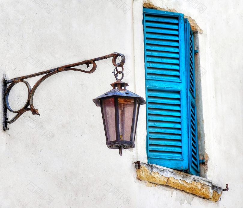 街查看灯老百叶窗窗口蓝色白房子结构西班牙语西班牙墙木材