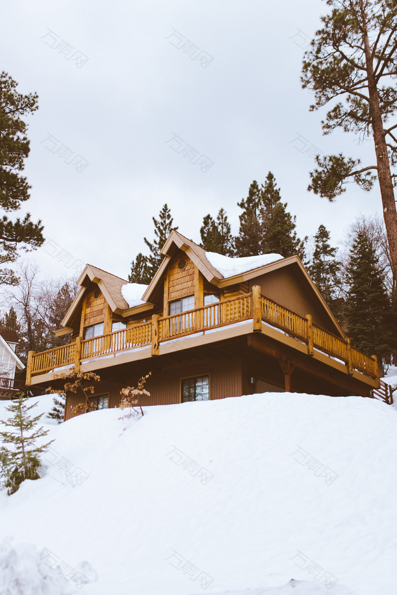 棕色的房子被雪覆盖着