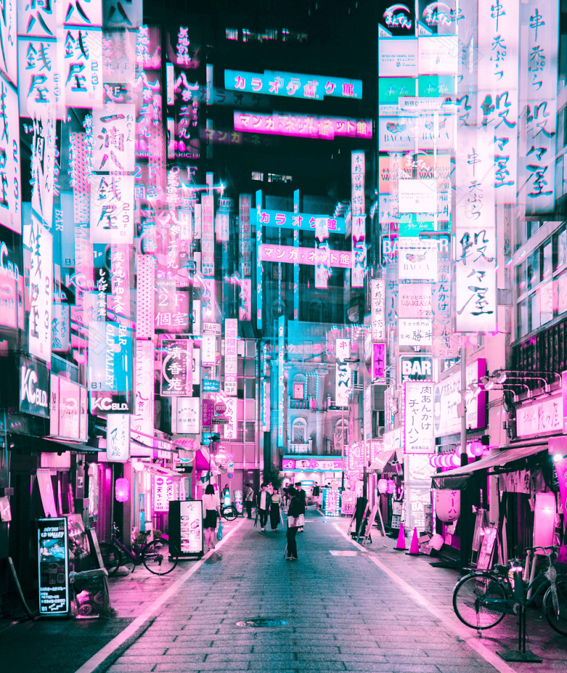 城市街道建筑灯光辉光粉色蓝色霓虹灯数码朋克夜色太阳日本东京超音速蒸汽波壁纸
