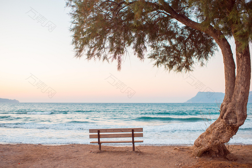 海岸附近的棕色长凳