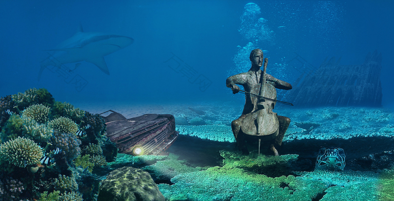 幻想水下汽车废钢龟雕塑海珊瑚废墟作曲蒙太奇海底世界水下的风景