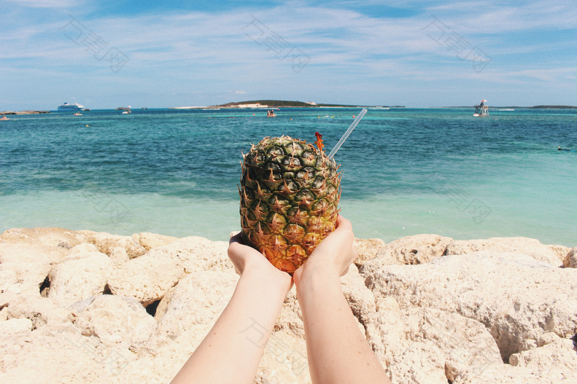 白天在海边抱菠萝的人