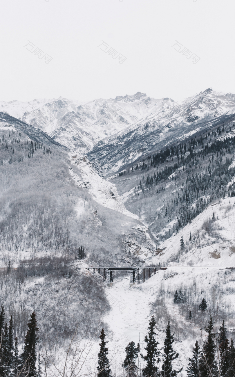 被白雪覆盖的山包围的黑色桥