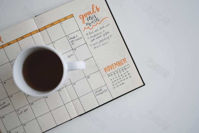 日历议程期刊和咖啡